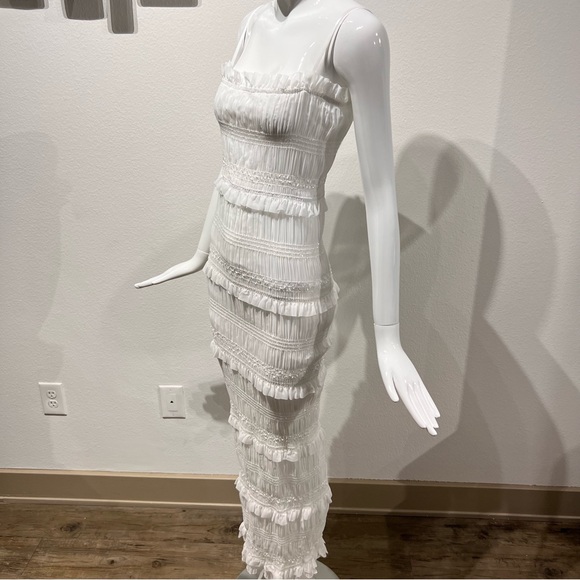 Commense Layered Ruffle Eyelet Long Dress Ruched Smocked Detail Slit Back - Picture 10 of 16